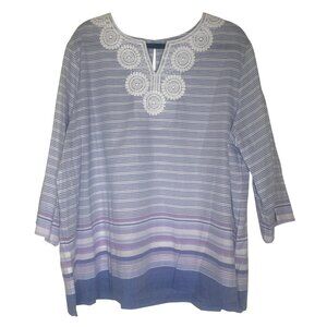 Alfred Dunner Ann Arbor Top Womens Size XL Blue Striped Tunic Lace 3/4 Sleeves L